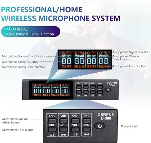 Rechargeable Wireless Microphone System Pro, 4 x 50 Channel UHF Handheld Cordless Mics with VOL Echo Treble BASS Control, LCD Display, Frequency Lock, XLR, 1/4, 1/8 Output, D-300, Black in Saudi Arabia