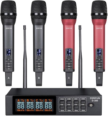 Rechargeable Wireless Microphone System Pro, 4 x 50 Channel UHF Handheld Cordless Mics with VOL Echo Treble BASS Control, LCD Display, Frequency Lock, XLR, 1/4, 1/8 Output, D-300, Black in Saudi Arabia