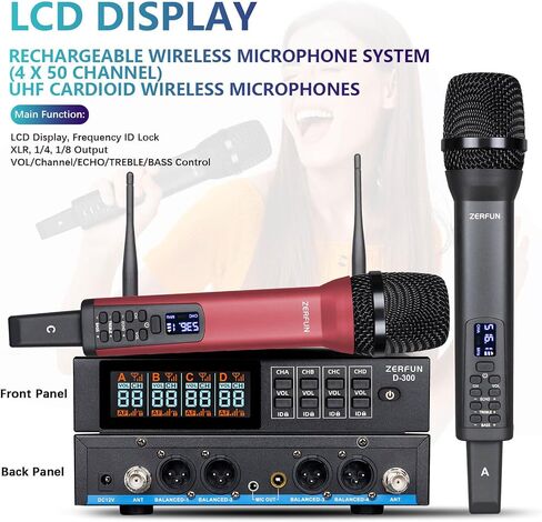 Rechargeable Wireless Microphone System Pro, 4 x 50 Channel UHF Handheld Cordless Mics with VOL Echo Treble BASS Control, LCD Display, Frequency Lock, XLR, 1/4, 1/8 Output, D-300, Black in Saudi Arabia