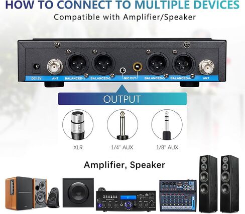 Rechargeable Wireless Microphone System Pro, 4 x 50 Channel UHF Handheld Cordless Mics with VOL Echo Treble BASS Control, LCD Display, Frequency Lock, XLR, 1/4, 1/8 Output, D-300, Black in Saudi Arabia