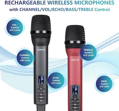 Rechargeable Wireless Microphone System Pro, 4 x 50 Channel UHF Handheld Cordless Mics with VOL Echo Treble BASS Control, LCD Display, Frequency Lock, XLR, 1/4, 1/8 Output, D-300, Black in Saudi Arabia
