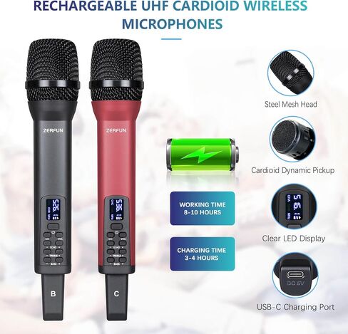 Rechargeable Wireless Microphone System Pro, 4 x 50 Channel UHF Handheld Cordless Mics with VOL Echo Treble BASS Control, LCD Display, Frequency Lock, XLR, 1/4, 1/8 Output, D-300, Black in Saudi Arabia