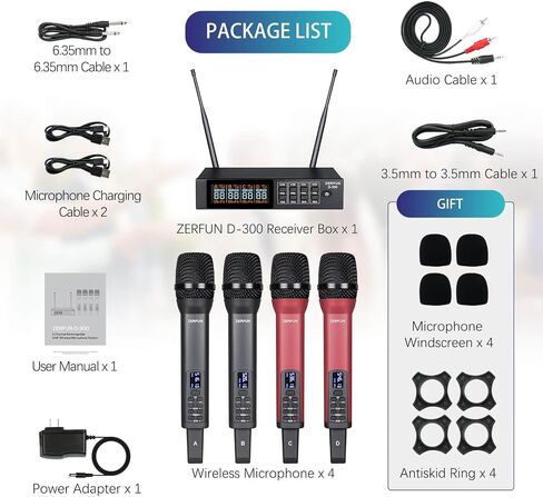 Rechargeable Wireless Microphone System Pro, 4 x 50 Channel UHF Handheld Cordless Mics with VOL Echo Treble BASS Control, LCD Display, Frequency Lock, XLR, 1/4, 1/8 Output, D-300, Black in Saudi Arabia