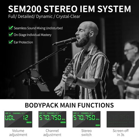 XTUGA SEM200 2 Channel Stereo Wireless in Ear Monitor System 2 Rechargeable Bodypacks UHF Stage Monitoring with Bluetooth Wireless in Earphone for Studio (2 Receiver + 1 Transmitter) in Kuwait