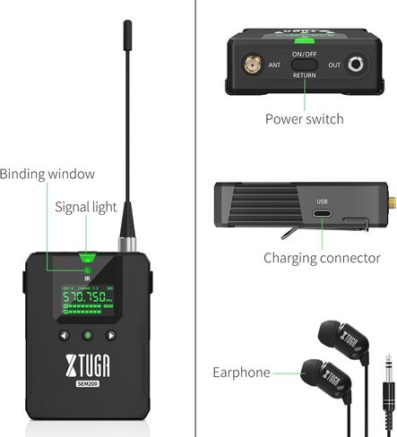 XTUGA SEM200 2 Channel Stereo Wireless in Ear Monitor System 2 Rechargeable Bodypacks UHF Stage Monitoring with Bluetooth Wireless in Earphone for Studio (2 Receiver + 1 Transmitter) in Kuwait