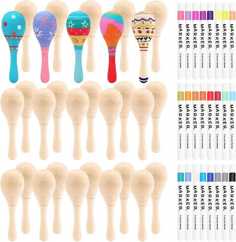 30 PCS Unfinished Wooden Maracas DIY Mini Wooden Maracas Mini Maracas for Mexican Fiesta Party Favors with 24PCS Multi-color Pens DIY Painting Maracas Bulk Cinco De Mayo Party Supplies in Kuwait