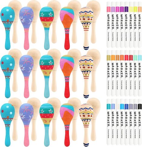 30 PCS Unfinished Wooden Maracas DIY Mini Wooden Maracas Mini Maracas for Mexican Fiesta Party Favors with 24PCS Multi-color Pens DIY Painting Maracas Bulk Cinco De Mayo Party Supplies in Kuwait