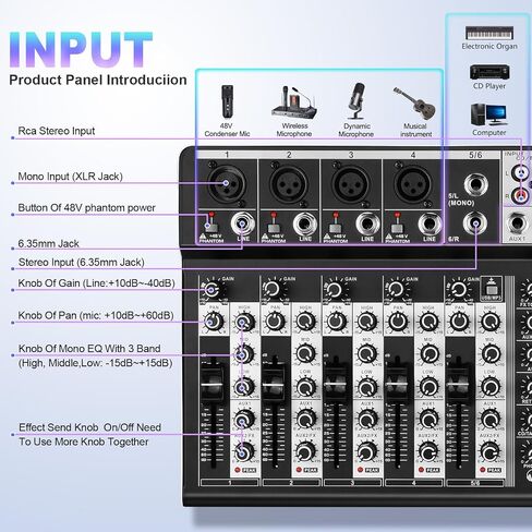 6 Channel Audio Interface Sound Board Mixing Console 16-Bit DSP DJ Mixer Audio Reverb Effect +48V Phantom Bluetooth Studio Audio Mixer For Karaoke Studio Streaming Recording in Saudi Arabia