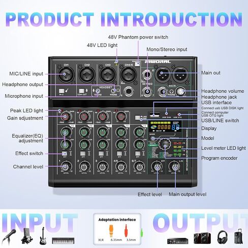 6 Channel Audio Interface Sound Board Mixing Console 16-Bit DSP DJ Mixer Audio Reverb Effect +48V Phantom Bluetooth Studio Audio Mixer For Karaoke Studio Streaming Recording in Saudi Arabia