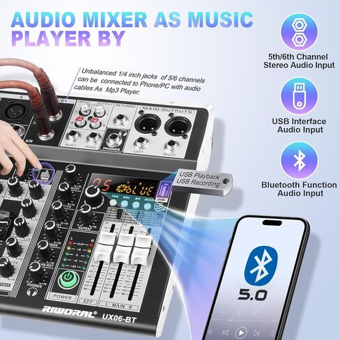 6 Channel Audio Interface Sound Board Mixing Console 16-Bit DSP DJ Mixer Audio Reverb Effect +48V Phantom Bluetooth Studio Audio Mixer For Karaoke Studio Streaming Recording in Saudi Arabia