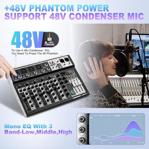 6 Channel Audio Interface Sound Board Mixing Console 16-Bit DSP DJ Mixer Audio Reverb Effect +48V Phantom Bluetooth Studio Audio Mixer For Karaoke Studio Streaming Recording in Saudi Arabia
