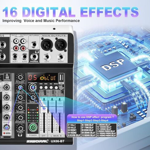 6 Channel Audio Interface Sound Board Mixing Console 16-Bit DSP DJ Mixer Audio Reverb Effect +48V Phantom Bluetooth Studio Audio Mixer For Karaoke Studio Streaming Recording in Saudi Arabia