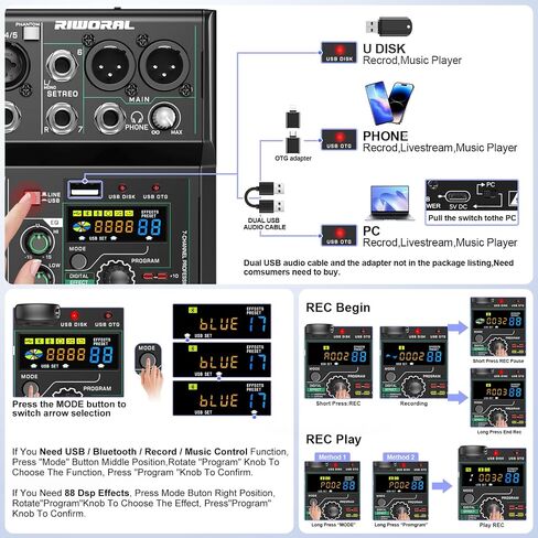 6 Channel Audio Interface Sound Board Mixing Console 16-Bit DSP DJ Mixer Audio Reverb Effect +48V Phantom Bluetooth Studio Audio Mixer For Karaoke Studio Streaming Recording in Saudi Arabia