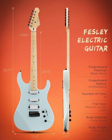 Fesley 39" Electric Guitar, Full Size Solid Body Electric Guitars For Beginner, ST Style, Maple Neck/Fretboard, Electric Guitar Kit With HSS Pickup, Gig Bag, Matte, Morandi Black in Saudi Arabia