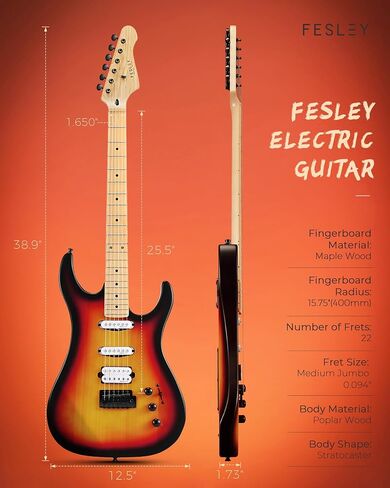 Fesley 39" Electric Guitar, Full Size Solid Body Electric Guitars For Beginner, ST Style, Maple Neck/Fretboard, Electric Guitar Kit With HSS Pickup, Gig Bag, Matte, Morandi Black in Saudi Arabia