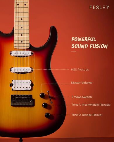 Fesley 39" Electric Guitar, Full Size Solid Body Electric Guitars For Beginner, ST Style, Maple Neck/Fretboard, Electric Guitar Kit With HSS Pickup, Gig Bag, Matte, Morandi Black in Saudi Arabia