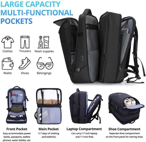 Travel Backpack for Men 50L Expandable Flight Approved Carry on Backpacks Luggage for Travel Water Resistant 17.3 inch Laptop Backpack with USB Charging Port in Saudi Arabia
