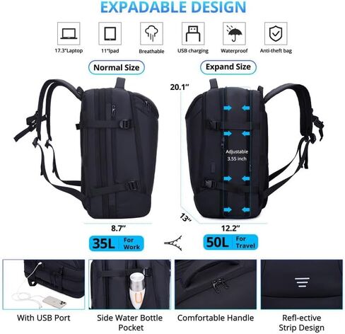 Travel Backpack for Men 50L Expandable Flight Approved Carry on Backpacks Luggage for Travel Water Resistant 17.3 inch Laptop Backpack with USB Charging Port in Saudi Arabia