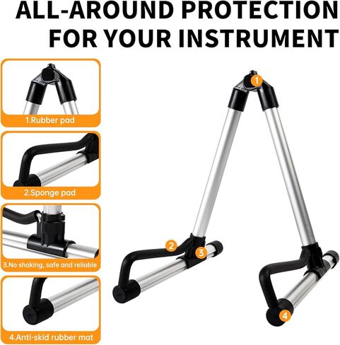 حامل جيتار AODSK قابل للطي مع إطار على شكل حرف A قابل للتعديل للقيثارات الصوتية الكلاسيكية والكهربائية باس القيثارة المحمولة (حامل واحد فضي) in Kuwait