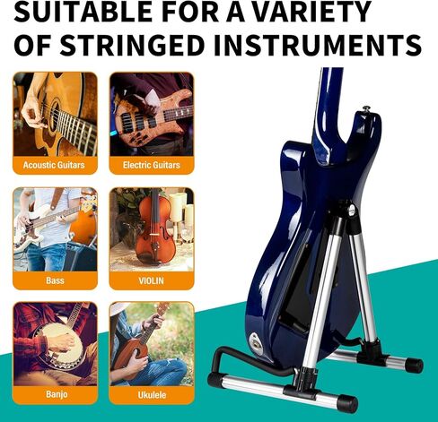 حامل جيتار AODSK قابل للطي مع إطار على شكل حرف A قابل للتعديل للقيثارات الصوتية الكلاسيكية والكهربائية باس القيثارة المحمولة (حامل واحد فضي) in Kuwait