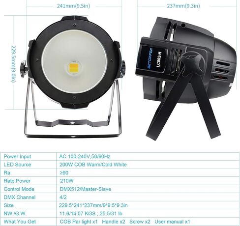 أضواء المسرح BETOPPER، أضواء المسرح LED COB بقدرة 200 وات، مصابيح LED بيضاء دافئة وباردة، مصابيح DMX/Master-Slave، أضواء كاشفة/أضواء فريسنل للكنيسة، الزفاف، المسرح، استوديو الصور in Kuwait