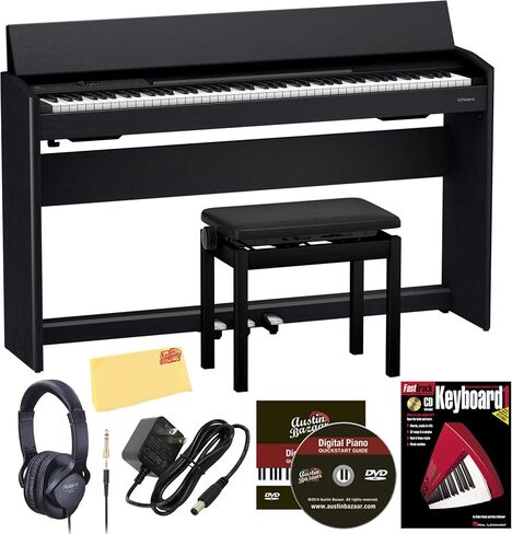 Roland F701 Digital Pianos - Contemporary Black Bundle with Headphones, Instructional Book, Online Piano Lessons, Austin Bazaar Piano DVD, and Polishing Cloth in Saudi Arabia