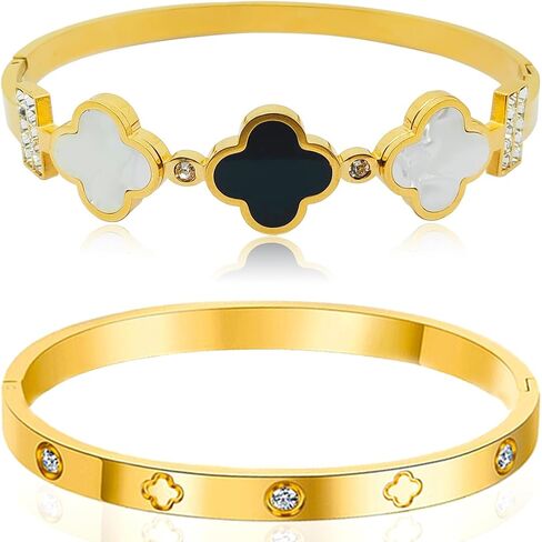 Clover Bracelet 2Pcs, Four Leaf Clover Bracelet Unique Fritillaria Clover Bracelets for Women 18K Gold Plated Four Leaf Lucky Bracelets Jewelry Christmas Valentine's Day Gifts in Saudi Arabia