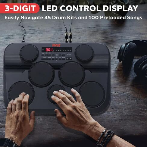 Pyle Electronic Tabletop Digital Drum Set, Compact Portable Drum Pad Kit w/ 7 Touch Sensitive Drum Pads and Pedals, 273 Sounds, USB & Headphone Outputs, MIDI/AUX Inputs, 4x5" Drums & 3x3.5" Cymbals in Saudi Arabia