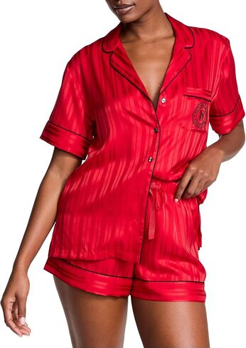 Victoria's Secret Satin Pajama Set, Short Sleeve Button Down & Shorts Set, Sleepwear for Women, Black (M) in Saudi Arabia