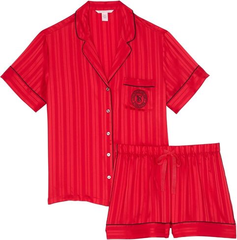 Victoria's Secret Satin Pajama Set, Short Sleeve Button Down & Shorts Set, Sleepwear for Women, Black (M) in Saudi Arabia