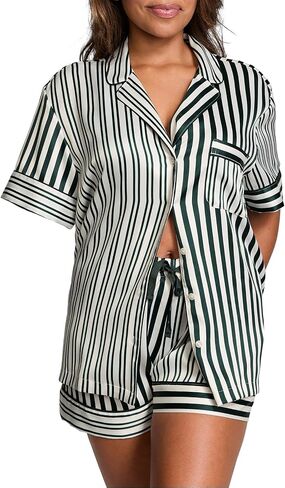 Victoria's Secret Satin Pajama Set, Short Sleeve Button Down & Shorts Set, Sleepwear for Women, Black (M) in Saudi Arabia