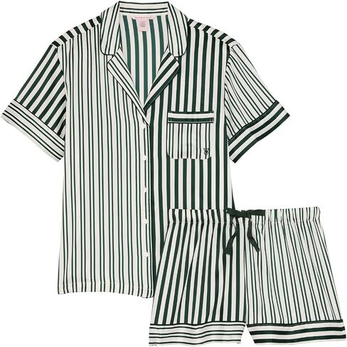 Victoria's Secret Satin Pajama Set, Short Sleeve Button Down & Shorts Set, Sleepwear for Women, Black (M) in Saudi Arabia