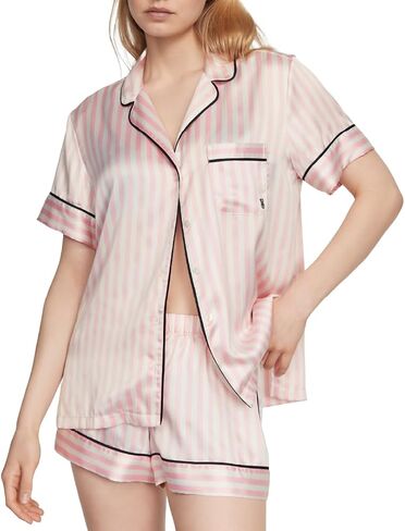 Victoria's Secret Satin Pajama Set, Short Sleeve Button Down & Shorts Set, Sleepwear for Women, Black (M) in Saudi Arabia