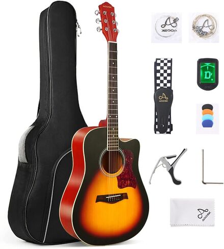 AODSK Acoustic Guitar Beginner 41 Inch Full Size Solid Spruce Top Guitarra Bundle Kit with Gig Bag Tuner Capo Picks String Strap,Right Hand sunset gradient,AG-41TSM in Saudi Arabia