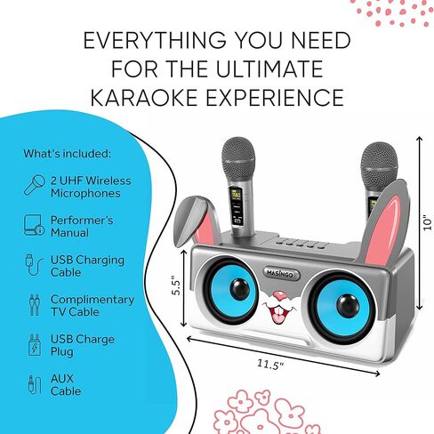 آلة ماسينجو شارك كاريوكي للأطفال والأطفال الصغار مع 2 ميكروفونات بلوتوث لاسلكية، مكبر صوت محمول PA يتضمن حامل هاتف لعرض الكلمات، وكابل تلفزيون ووضع إزالة صوت المغني in Kuwait