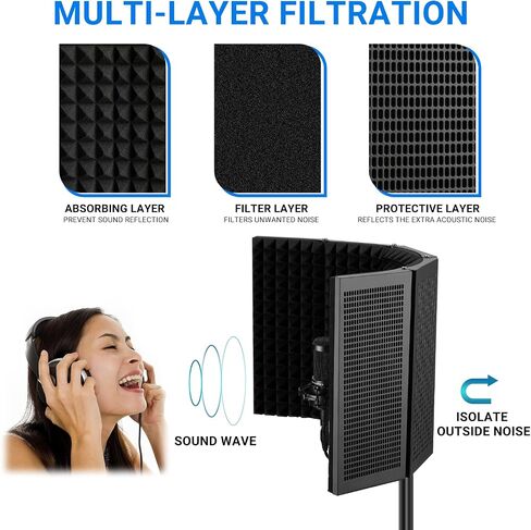 Microphone Isolation Shield, 5 panel Professional Collapsible Mic Shield, High Density Absorbent Foam to Filter Vocal, for Podcast, Studio and Most Condenser Microphone Recording Equipment in Saudi Arabia