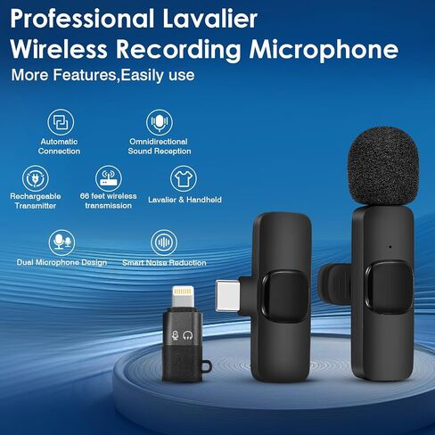 Wireless Lavalier Microphone, Professional Recording Wireless Microphone For IPhone, IPhone15, Android, IPad, 2-Pack Lavalier Microphones For Recording Interviews Videos Podcasts-black in Saudi Arabia