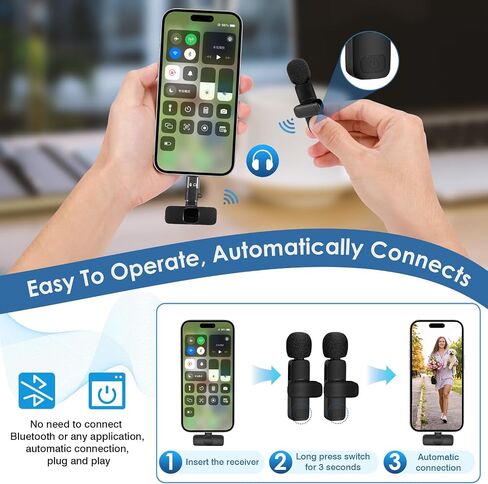 Wireless Lavalier Microphone, Professional Recording Wireless Microphone For IPhone, IPhone15, Android, IPad, 2-Pack Lavalier Microphones For Recording Interviews Videos Podcasts-black in Saudi Arabia