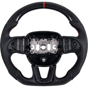 Carbon Fiber Steering Wheel for Dodge Charger/Challenger/Durango/Jeep Grand Cherokee/SXT/GT/RT/SRT/Heallcat 2015-2020, D-shaped Flat-bottom Perforated Leather Grip with Replacement Trim