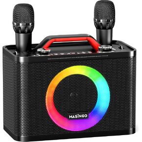 MASINGO New Karaoke Machine for Adults and Kids with 2 Wireless Microphones, Portable Bluetooth Singing Speaker, Colorful LED Lights, PA System, and TV Cable. Sonoro G5 (Black)