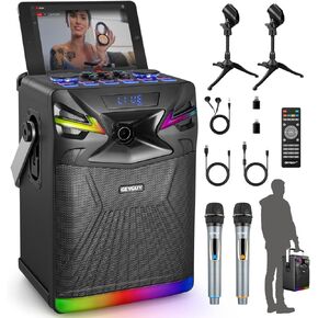 GTSK10-1 Bluetooth Karaoke Machine with Live Streaming Function, Portable PA System with 2 Wireless Microphones - as Projector Speaker with Sound Effect/DJ Lights/FM/Digital Recording (10 inch)