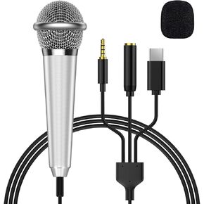2-in-1 Mini Microphone for Android, iPhone 15, Laptop and PC, Portable Mini Mic for Vlogging, Karaoke, Video Recording with USB C & 3.5mm Jack