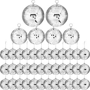 Juexica 42 Pieces Disco Ball Hanging Disco Ball Decor Mini Silver Disco Ball Different Sizes Reflective with Rope Mirror Ball Decor for Christmas Tree New Years Eve (2.4/3.2/4 Inches)