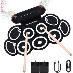 G7 Electronic Drum Set, 9-Pad Drum Kit with Built-in Speakers, 7 Drum Sounds, Bluetooth & AUX, Roll-up Drum Pad with Foot Pedals, Rechargeable Battery, Headphone Jack, 10-Hour Playtime, Portable Drum