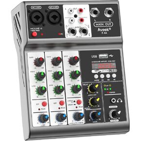 Aveek Professional Audio Mixer, Sound Board Mixing Console with 4 Channel Digital USB Bluetooth Echo Delay Effect, Input 48V Phantom Power Stereo DJ Mixers for Recording, Live Streaming, Podcasting