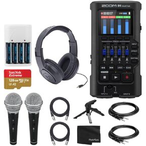 Zoom R4 MultiTrak 32-Bit Float Recorder with Stereo Bouncing Bundle with Over-Ear Stereo Headphones, Handheld Mics (2), 128GB microSDXC Memory Card, and Accessories