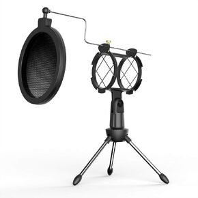 Studio Condenser Mic Microphone Shock Mount with Wind Screen Pop Filter Combo Mask Shield for Recording