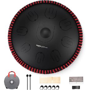 Moozica Steel Handpan Tongue Drum, 14 Inches 17 Notes in D Minor with Octave Overtone Design, Handpan Drum Percussion Instrument With Carry Bag (D-Kurd, Black)