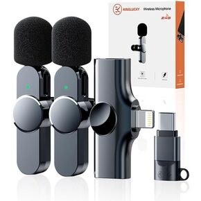 قطعتان من ميكروفون Lavalier Mini لأجهزة iPhone iPad Android وخاصية إلغاء الضوضاء الاحترافية [التقاط 360 درجة] ميكروفون Lavalier لاسلكي لتسجيل الفيديو، والمقابلات، واليوتيوب، والبث المباشر