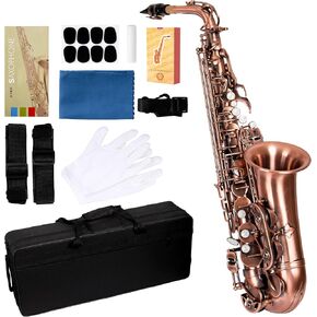 E Alto Saxophone للطلاب المبتدئين، مجموعة ساكس كاملة مع حقيبة حمل، قطعة فم، وسادات وسادة لقطعة الفم، قطعة قماش للتنظيف وقضيب تنظيف، وقفازات بيضاء، وحزام للرقبة in Kuwait